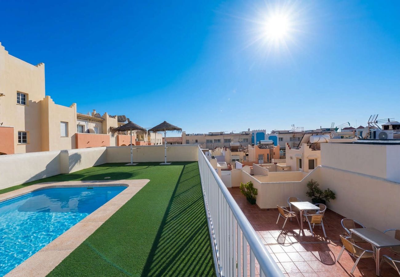 Piscina condominiale sul tetto con lettini nella zona Torrecilla, Nerja.
